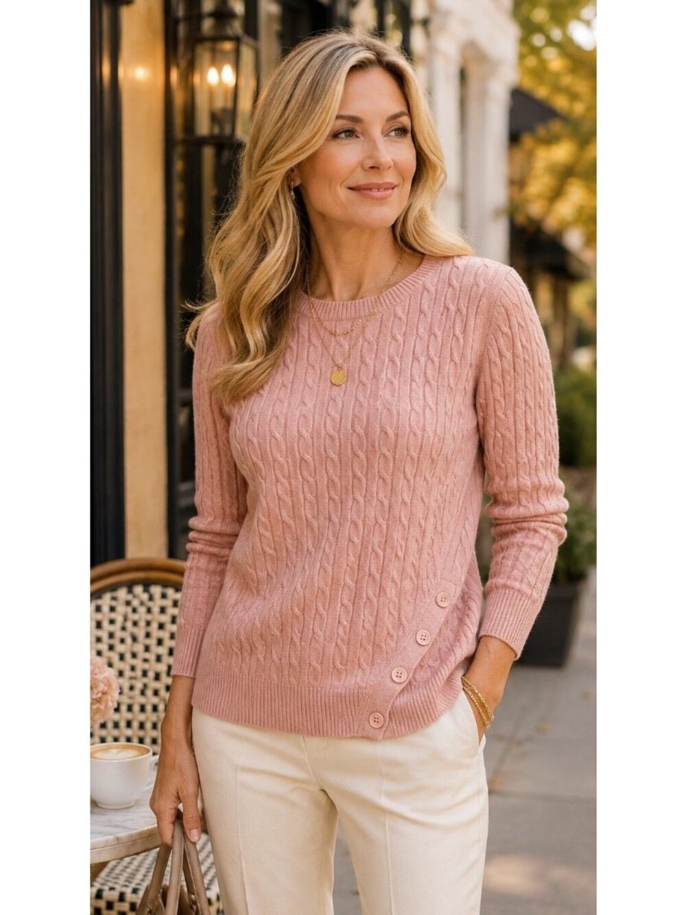 Charter Club 100% Luxury Dusty Pink/Peach Cashmere Sweater Large Button Detail